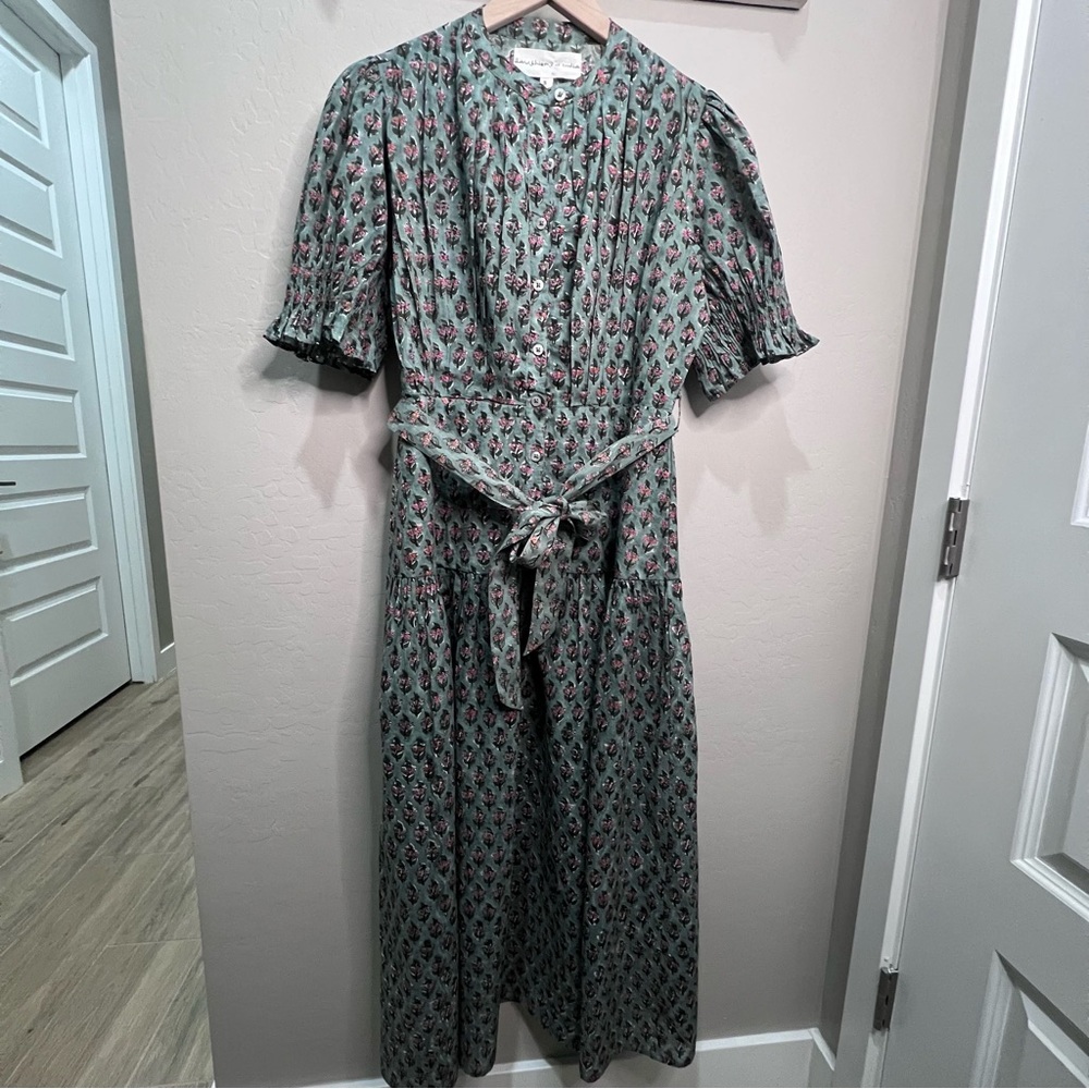 Daughters of India Prairie Dress Teal Block Print Floral Handmade Small Maxi